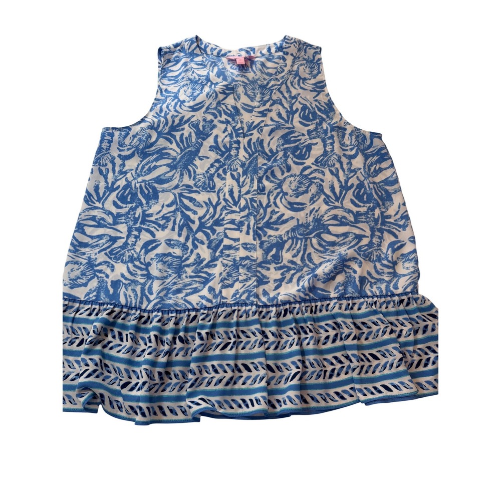 Lilly Pulitzer Blue White‎ Lobster Coral Print Ruffle Peplum Top 29687 Womens M
